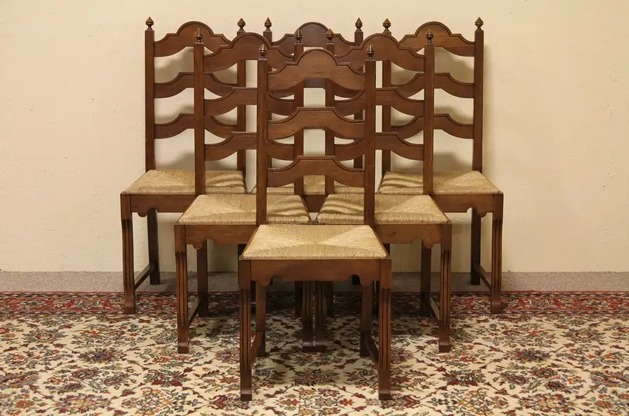 Main image of Set of 6 Carved Oak Rush Seat Dining Chairs