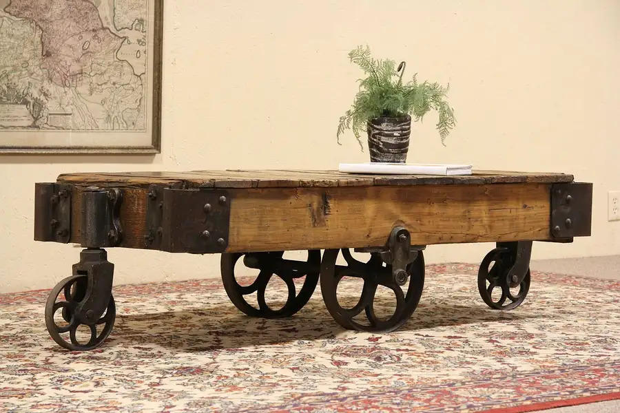 Main image of Antique Industrial 4 Wheel Cart or Coffee Table