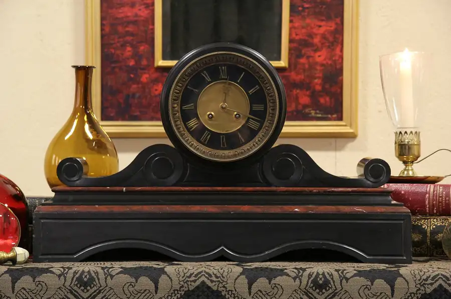 Main image of French Black & Red Marble 1880 Mantel Clock