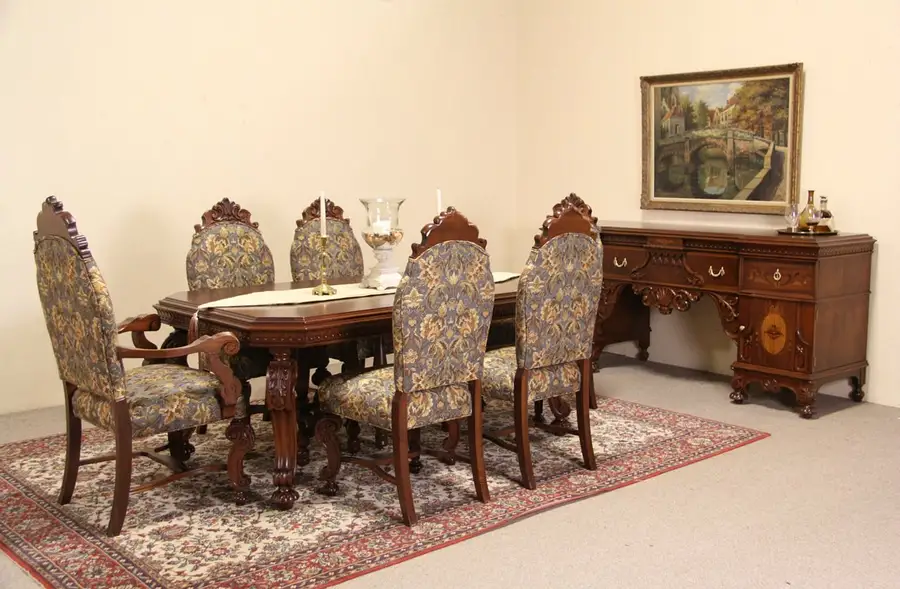 Main image of Renaissance 1920's Carved Dining Set, Table, 6 Chairs, Sideboard