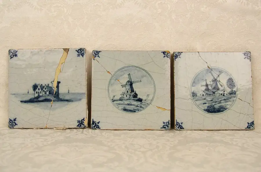 Main image of Delft Blue 1850 Antique Hand Painted Repaired Tiles, Set of 3