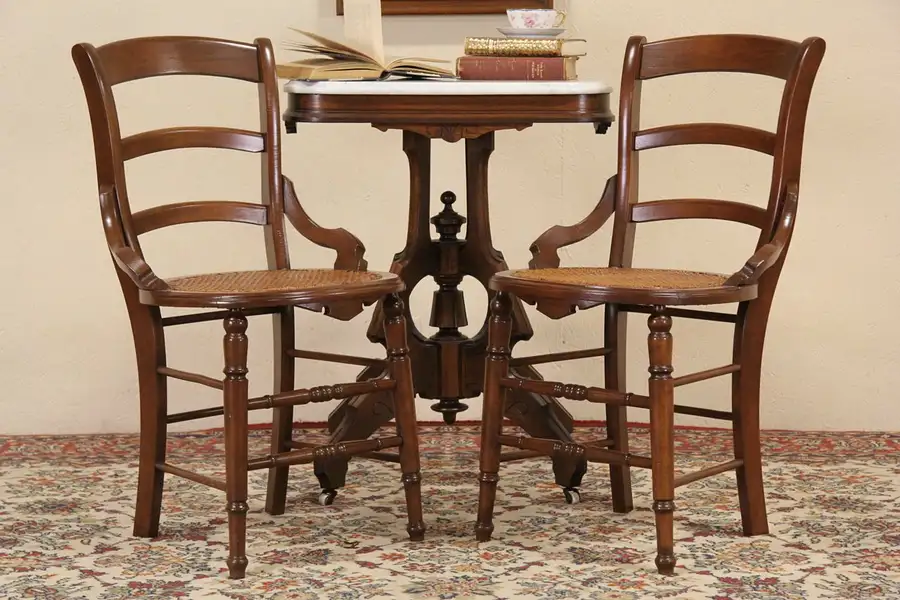 Main image of Pair Victorian Maple 1880 Side or Dining Chairs, New Cane Seats Signed Milwaukee