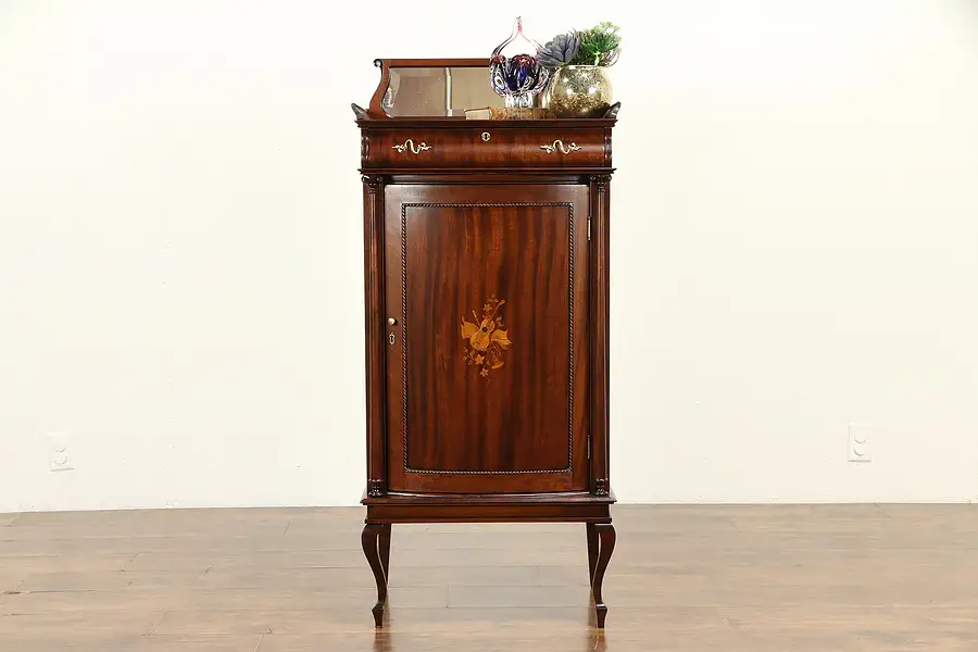 Main image of Art Nouveau Antique Mahogany Music or Drawing Cabinet, Beveled Mirror
