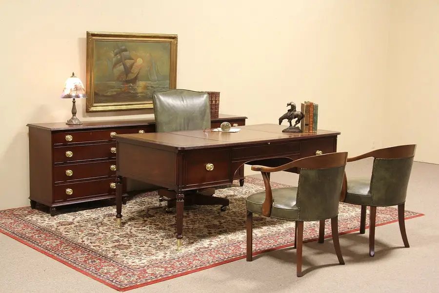 Main image of Kittinger Mahogany Writing Desk with Tooled Leather Top and Credenza Set
