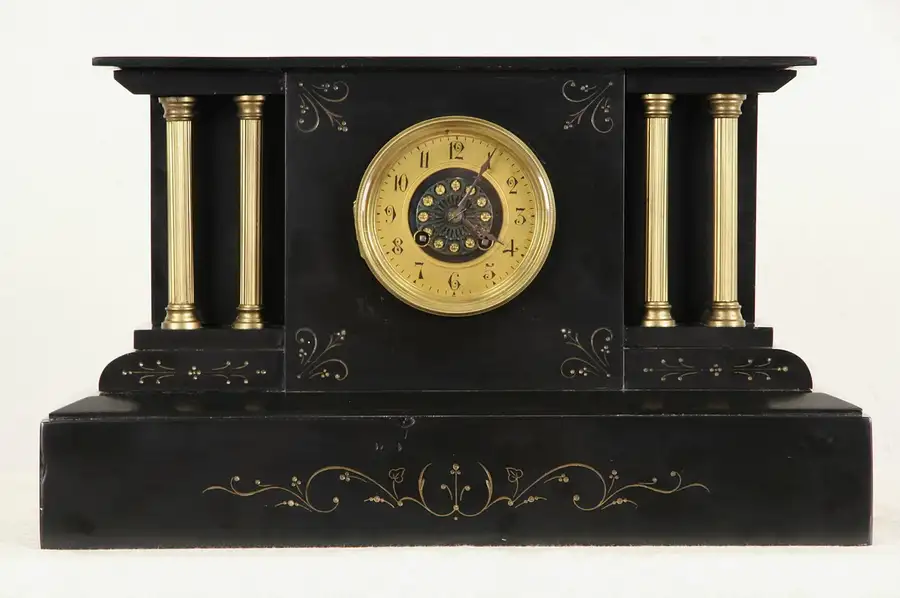 Main image of French Black Marble Antique 1880 "Japy Freres & Cies" Mantel Clock