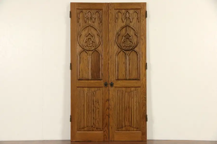 Main image of Pair of Architectural Salvage Gothic Carved Oak Vintage Doors