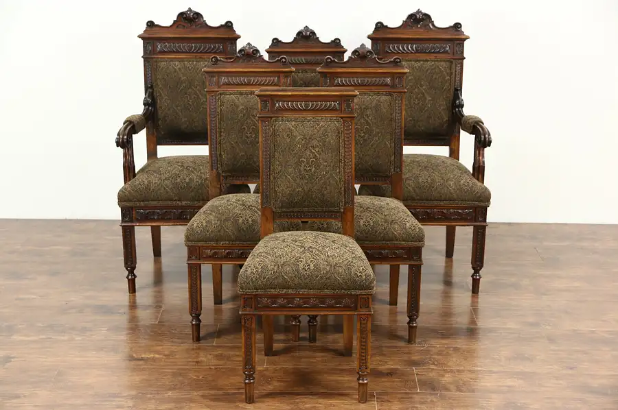 Main image of Set of 6 Italian Carved Walnut Antique Dining Chairs, New Upholstery