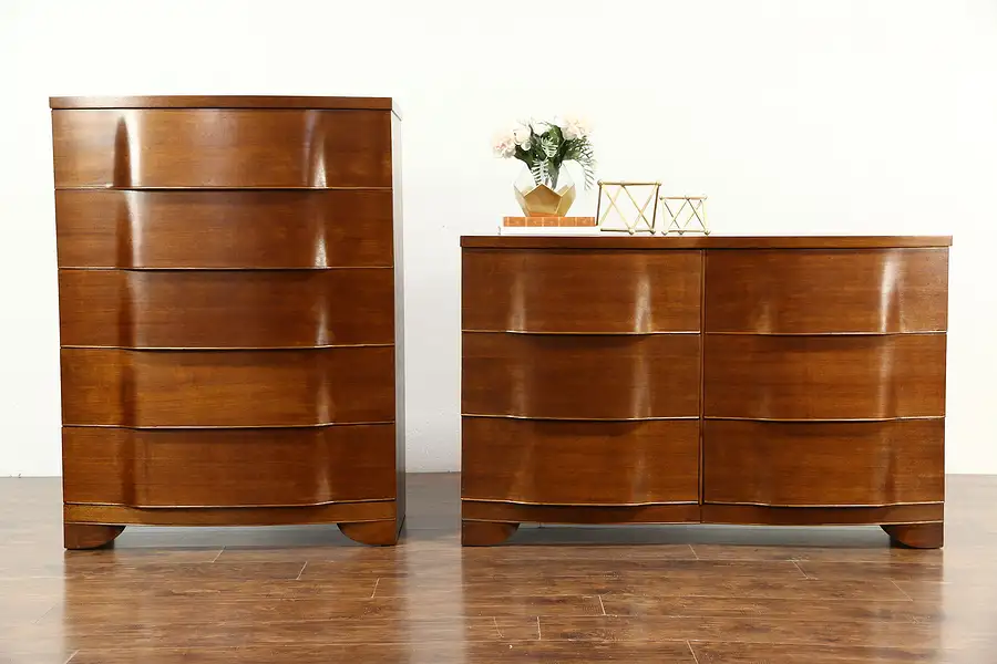 Main image of Midcentury Modern 1960 Vintage Set Chest & Dresser w/ Mirror, Signed Crane