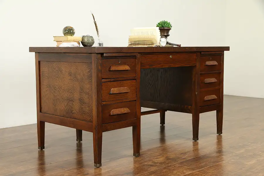 Main image of Oak Antique 1915 Desk, File Drawer, Carved Pulls, Brass Feet