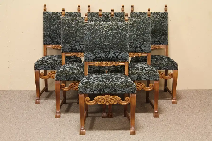 Main image of Set of 6 Antique Carved Oak Mohair Dining Chairs