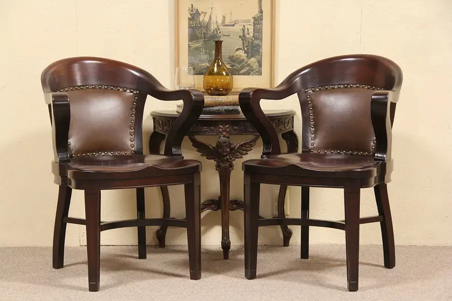 Main image of Pair Antique 1900 Mahogany & Leather Banker Chairs