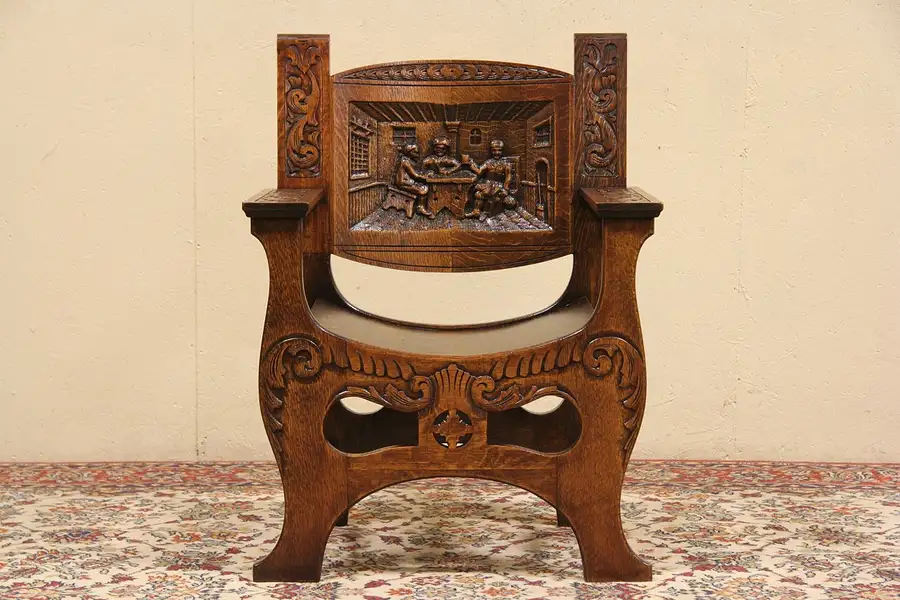 Main image of Oak 1900 Antique Chair, Carved Rathskeller Drinking Scene