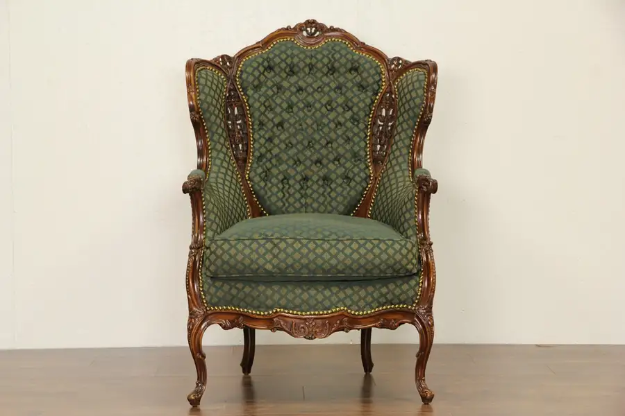 Main image of Carved 1940's Vintage French Style Wing Chair
