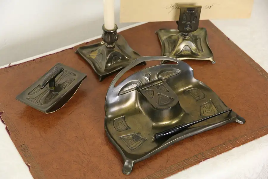 Main image of Bradley & Hubbard Antique 1900 Art Nouveau Desk Inkwell 4 Pc. Accessory Set