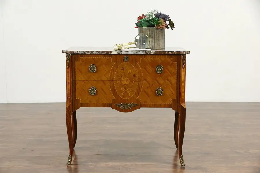 Main image of French Mahogany & Rosewood Marquetry Marble Top Chest
