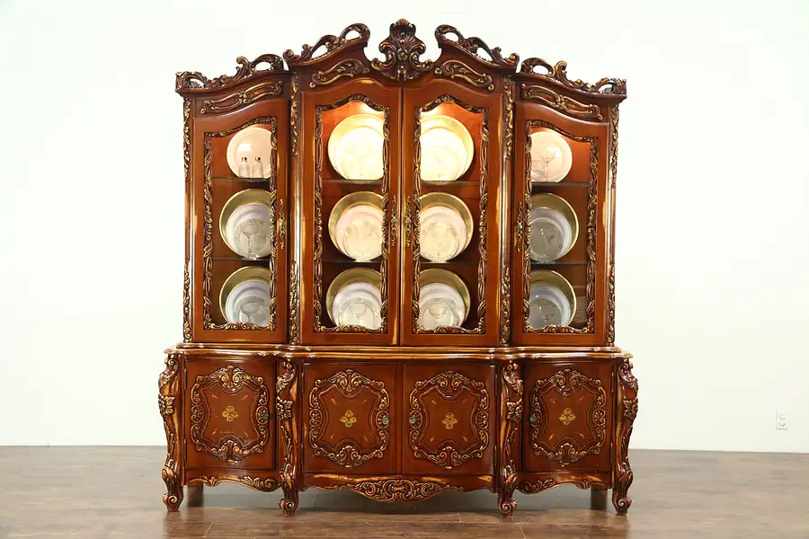Main image of Baroque Carved Cherry Vintage Breakfront China Cabinet Painted Signed Montalban