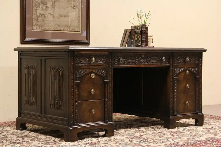 Main image of Renaissance Carved Oak 1925 Executive Desk