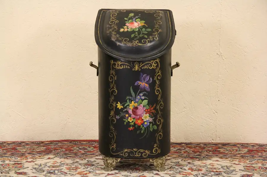 Main image of Fireplace Hand Painted Antique Coal Caddy or Hod, Signed Jewett Pat. 1872