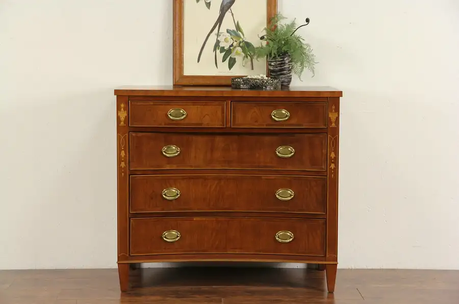 Main image of Hekman Signed Cherry Linen Chest or Dresser, Marquetry & Banding