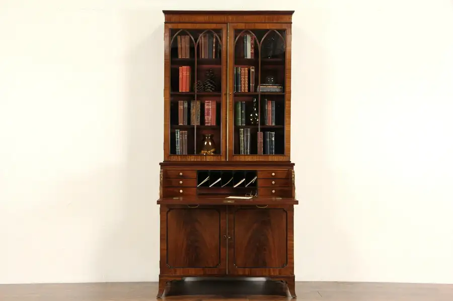 Main image of English Butler 1880 Antique Secretary Desk, Bookcase, Wavy Glass, Secret Drawers