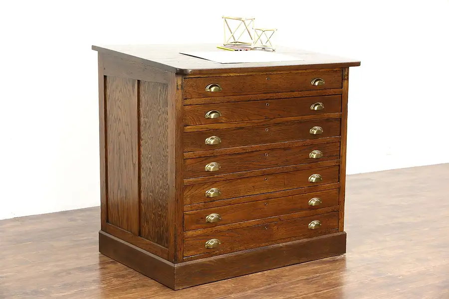 Main image of Oak Antique Map or Drawing Chest, Printer File Desk, 7 Drawers