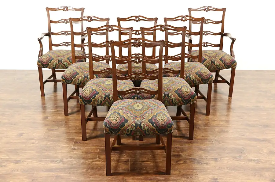 Main image of Set of 8 Traditional Carved Mahogany Vintage Dining Chairs, New Upholstery