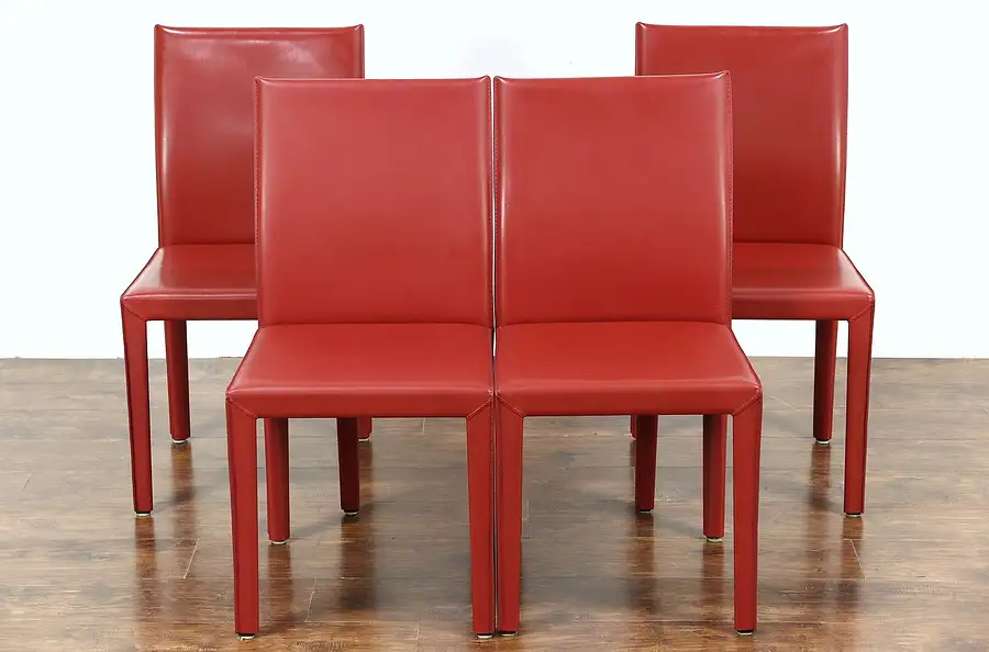 Main image of Set of 4 Red Leather Dining or Game Table Chairs, Signed Maria Yee, CA