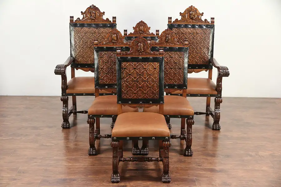 Main image of Spanish Colonial Carved Vintage Set of 6 Leather Dining Chairs, Marco