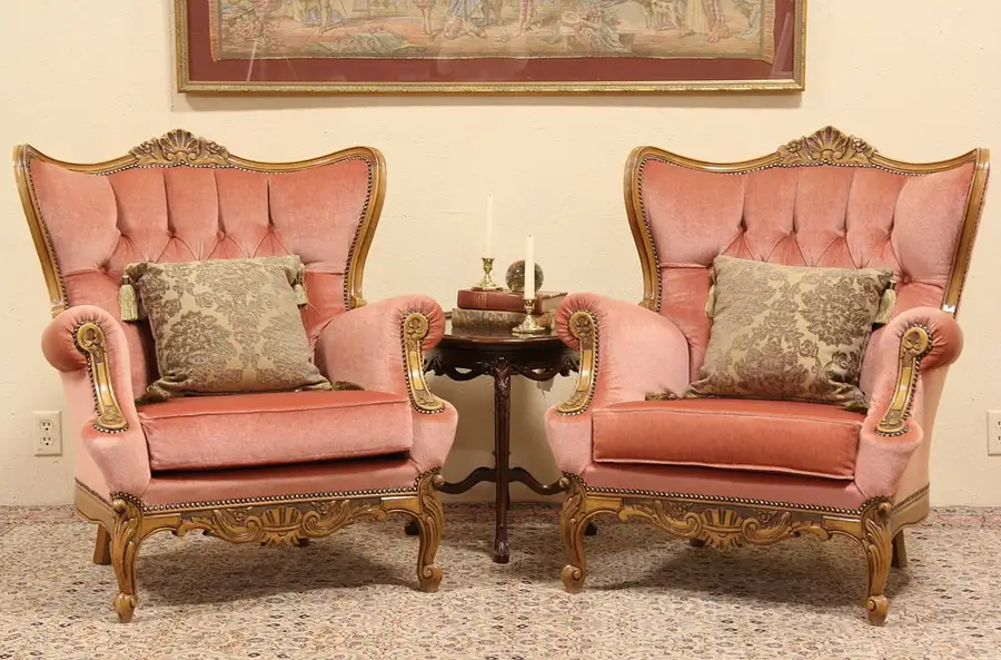 Main image of Pair of Carved French Vintage Wing Chairs, Original Mohair