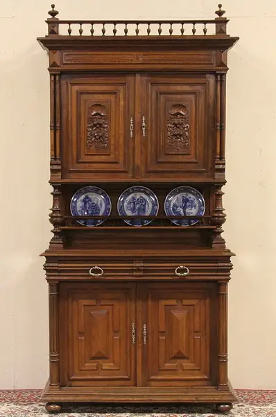 Main image of Oak Carved 1885 Antique French China or Dowry Cabinet