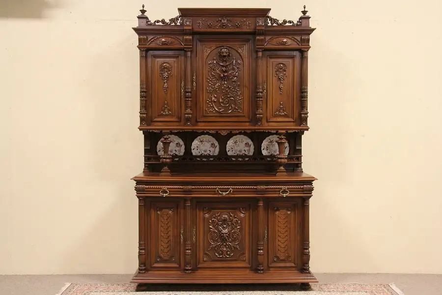 Main image of Carved Lion Head 1890 Antique French Court or Dowry Cupboard