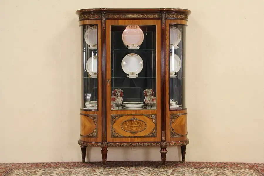 Main image of French 1940's Vintage Curved Glass Curio China Display Cabinet
