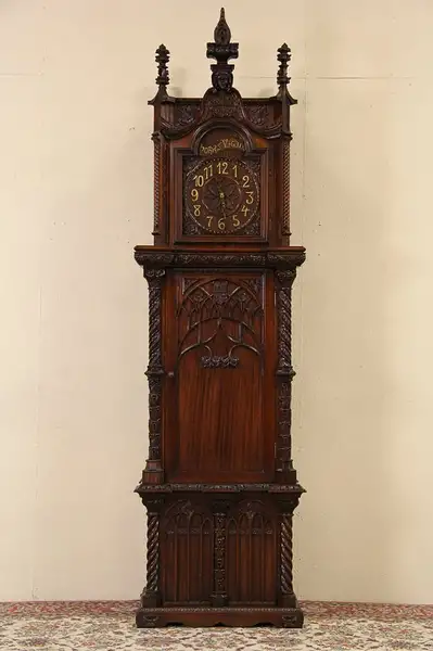 Main image of Gothic Hand Carved 1932 Grandfather Tall Case Clock, Angel & Spiral Columns