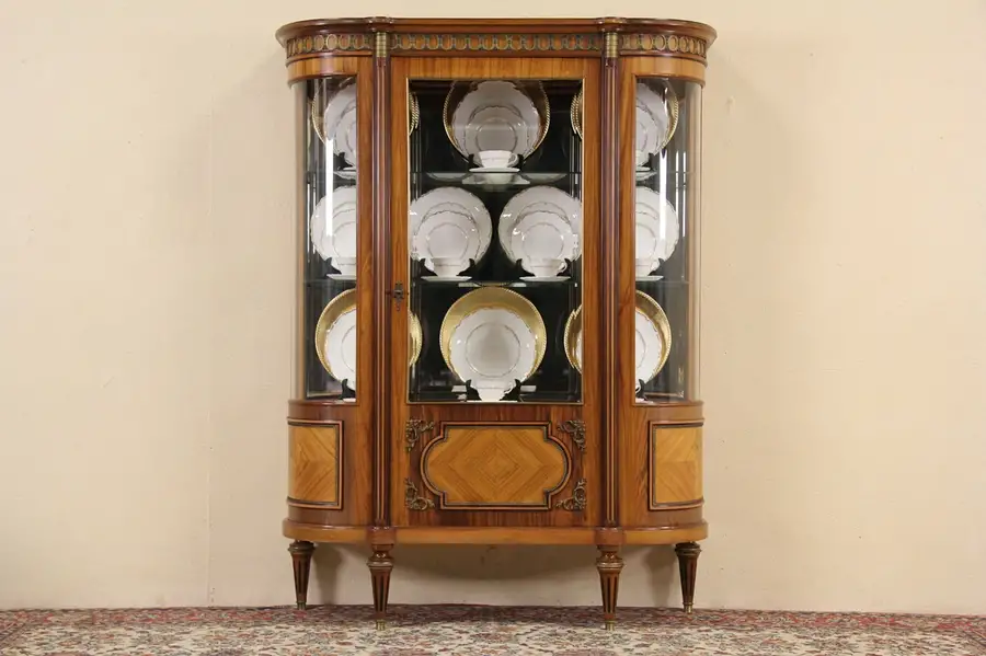 Main image of French Rosewood 1940's Vintage Curved Glass Vitrine or China Curio Cabinet