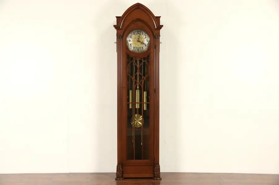 Main image of Hanson Signed Gothic Long Case Grandfather Vintage Clock