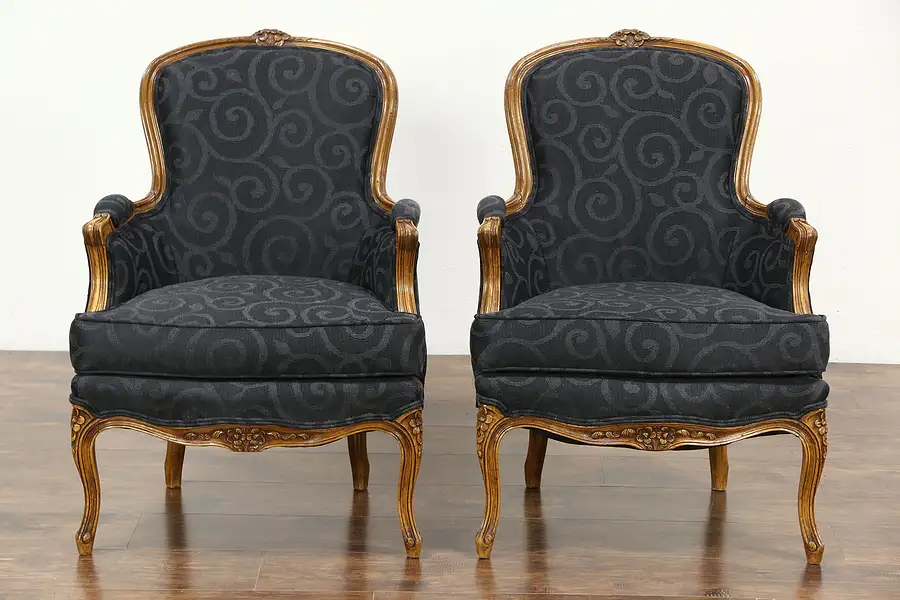 Main image of Pair Country French Carved Fruitwood Vintage Chairs, New Upholstery