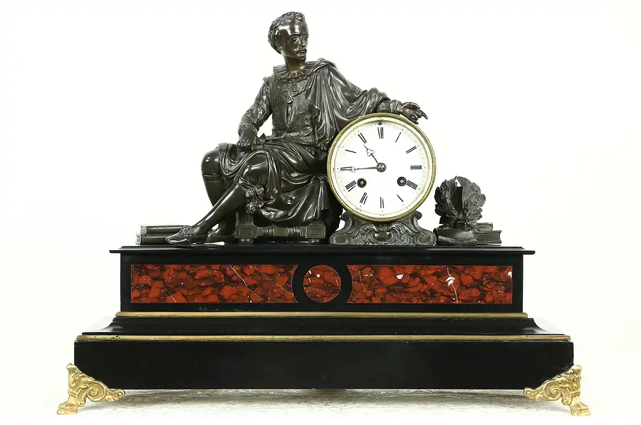 Main image of Shakespeare Bronze Sculpture Antique French Marble Signed Mantel Clock