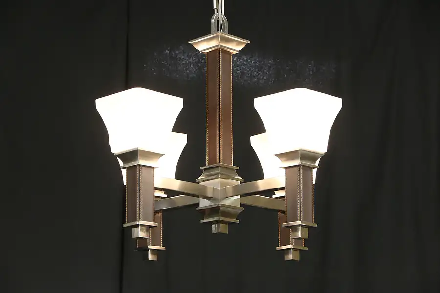 Main image of Craftsman Design Contemporary Nickel Chandelier, Etched Glass Shades