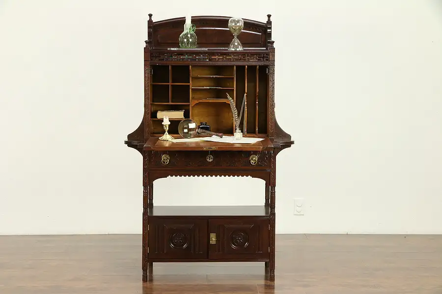 Main image of Victorian Eastlake Antique 1880 Carved Walnut & Burl Secretary Desk
