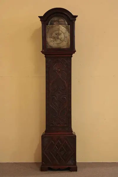 Main image of Tall Case Carved Oak 1800's Grandfather Clock