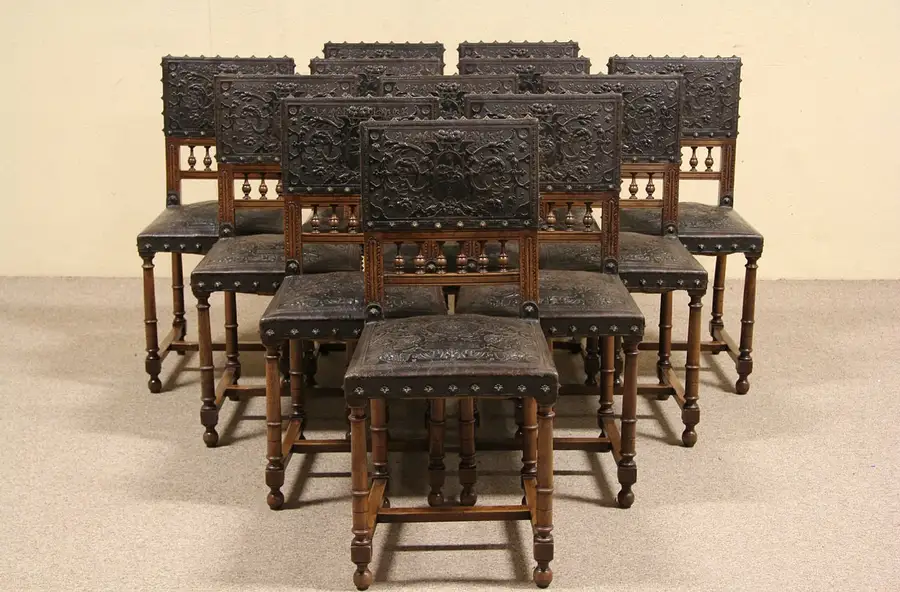 Main image of Set of 12 Italian Embossed Leather 1890 Antique Dining Chairs