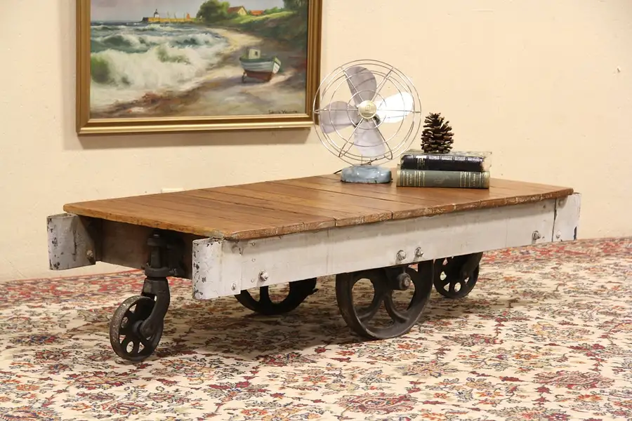 Main image of Industrial 1900's Antique Railroad Oak Cart or Coffee Table
