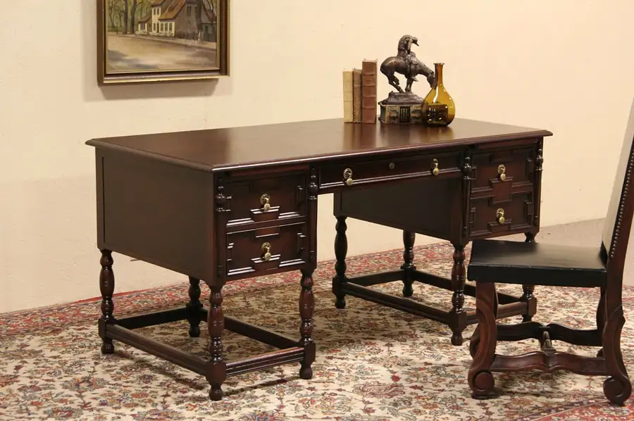 Main image of English Tudor Carved 1915 Antique Walnut Desk, File Drawer