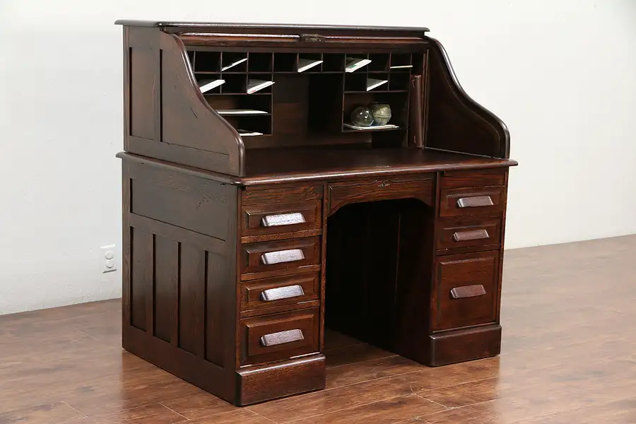 Main image of Oak Antique 1900 S Curve Roll Top Desk, File Drawer