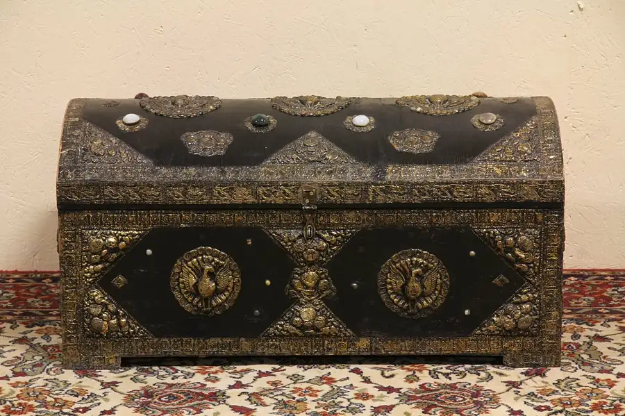 Main image of Moroccan Wedding or Dowry Chest, Embossed Brass, Jewels