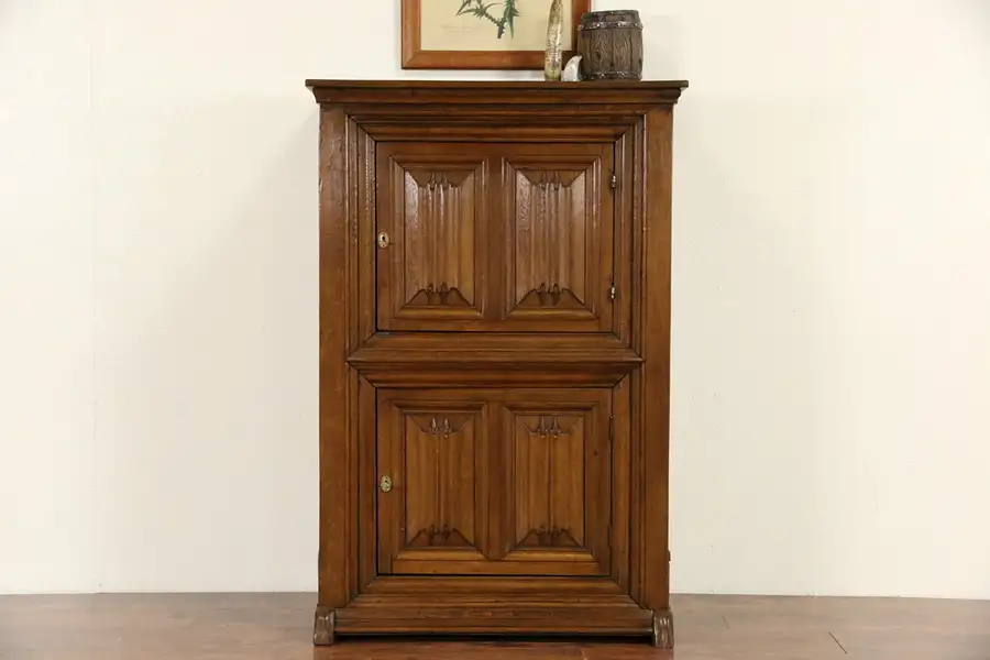 Main image of Dutch Carved Oak late 1800's Antique Cabinet, Linen Fold Panels