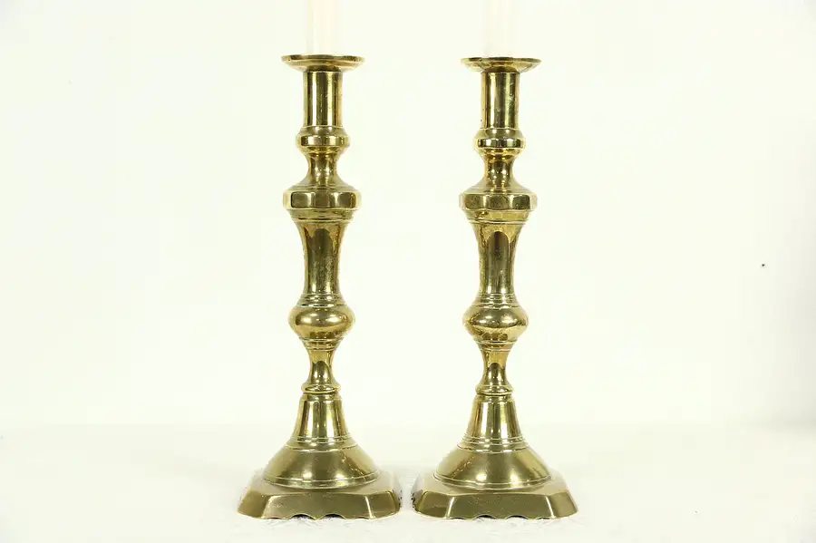 Main image of Pair Antique English Brass Candlesticks with Pushers, 12"