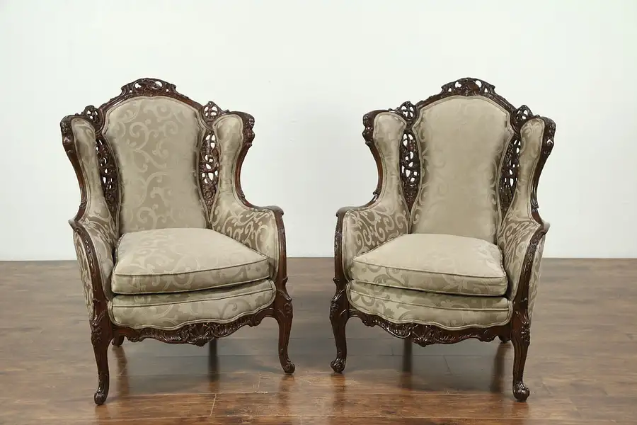 Main image of Pair of Carved Music Room Wing Chairs with Figures, 1940 Vintage, New Upholstery