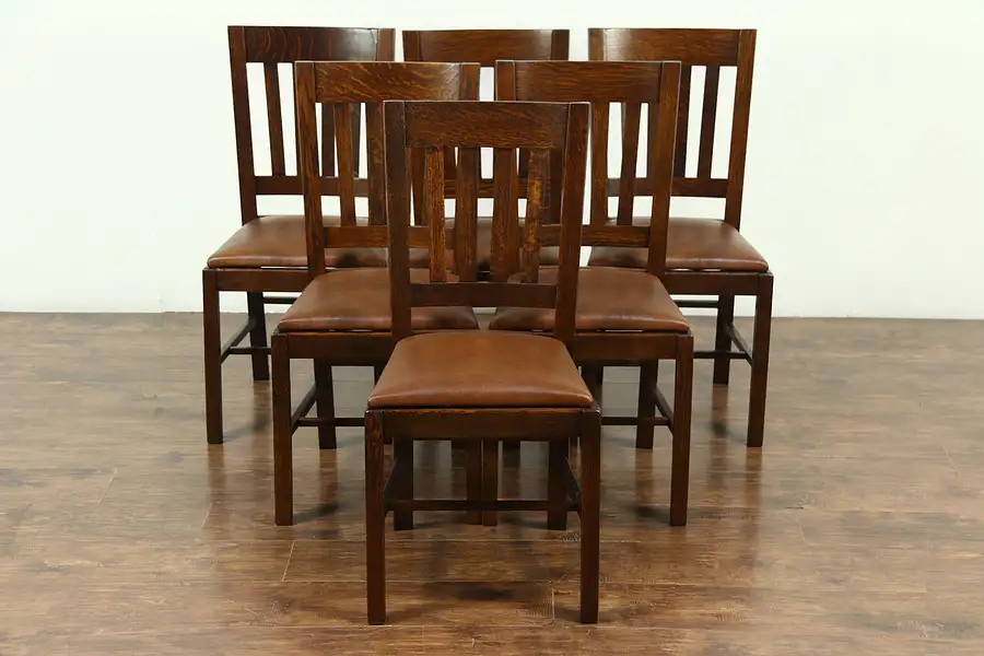 Main image of Set of 6 Arts & Crafts Mission Oak Antique Craftsman Dining Chairs, New Leather