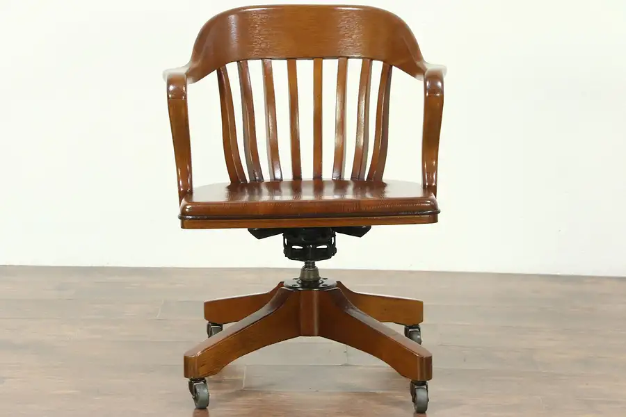 Main image of Oak Swivel Vintage Library or Office Desk Chair, Adjustable Height & Tilt